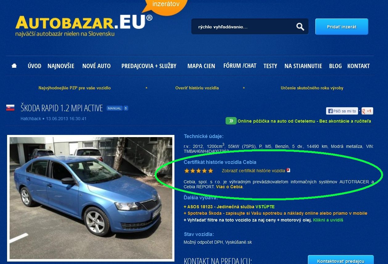 autobazar.EU certifikat Cebia