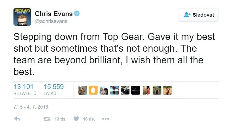 Chris Evans skončil v Top Geare