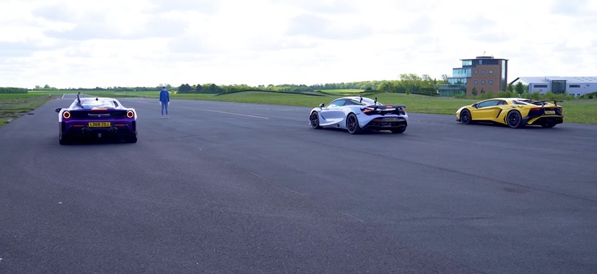 Drag race Ferrari 488 Pista s McLaren 720S a Lamborghini Aventador