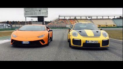 LAMBO HURACAN PERFORMANTE A PORSCHE 911 GT2RS  V SÚBOJI NA TRATI