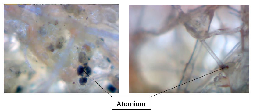 Čiastočky Atomia v rune olejového filtra pod mikroskopom 