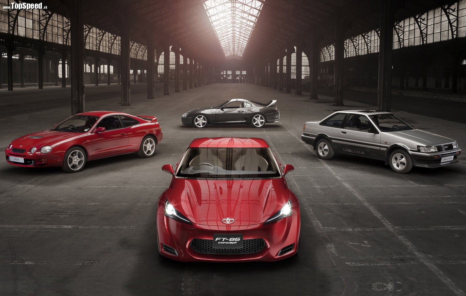 Známe kvarteto športových áut v podaní značky Toyota: Celica GT-four, Supra štvrtej generácie, AE86 a prvý koncept FT-86