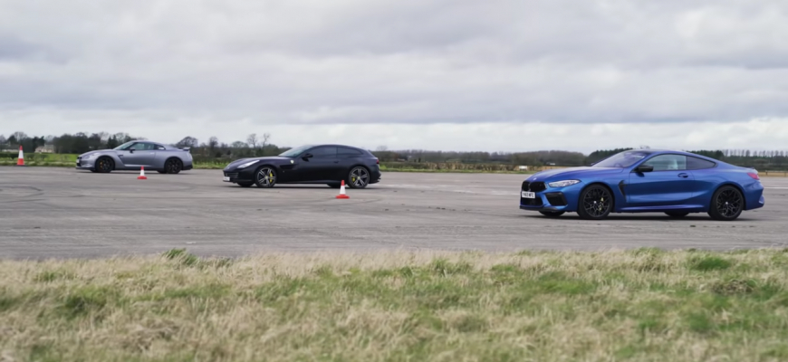 Drag race Ferrari GTC4Lusso, BMW M8 a Nissan GT-R