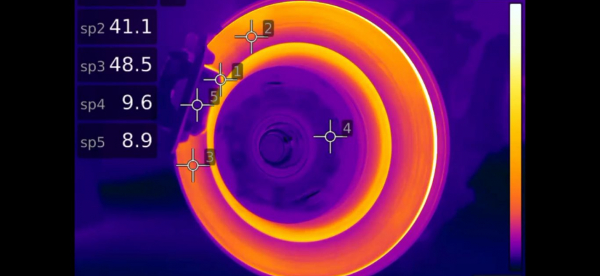 Pohľad cez termokameru ukazuje ako sa zahrievajú brzdy
