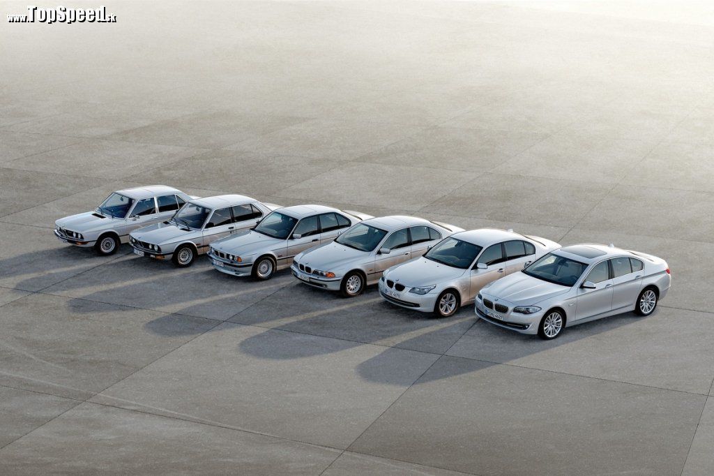 Generácie BMW radu 5 - zľava E12, E28, E34, E39, E60 a F10
