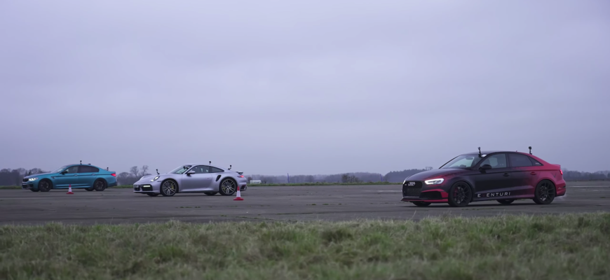 Drag race tuning áut: Audi RS3 proti BMW M5 a sériovému 911 Turbo S