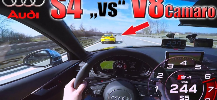 Audi S4 naháňa na autobahne s Camarom V8. Je to nerovný boj